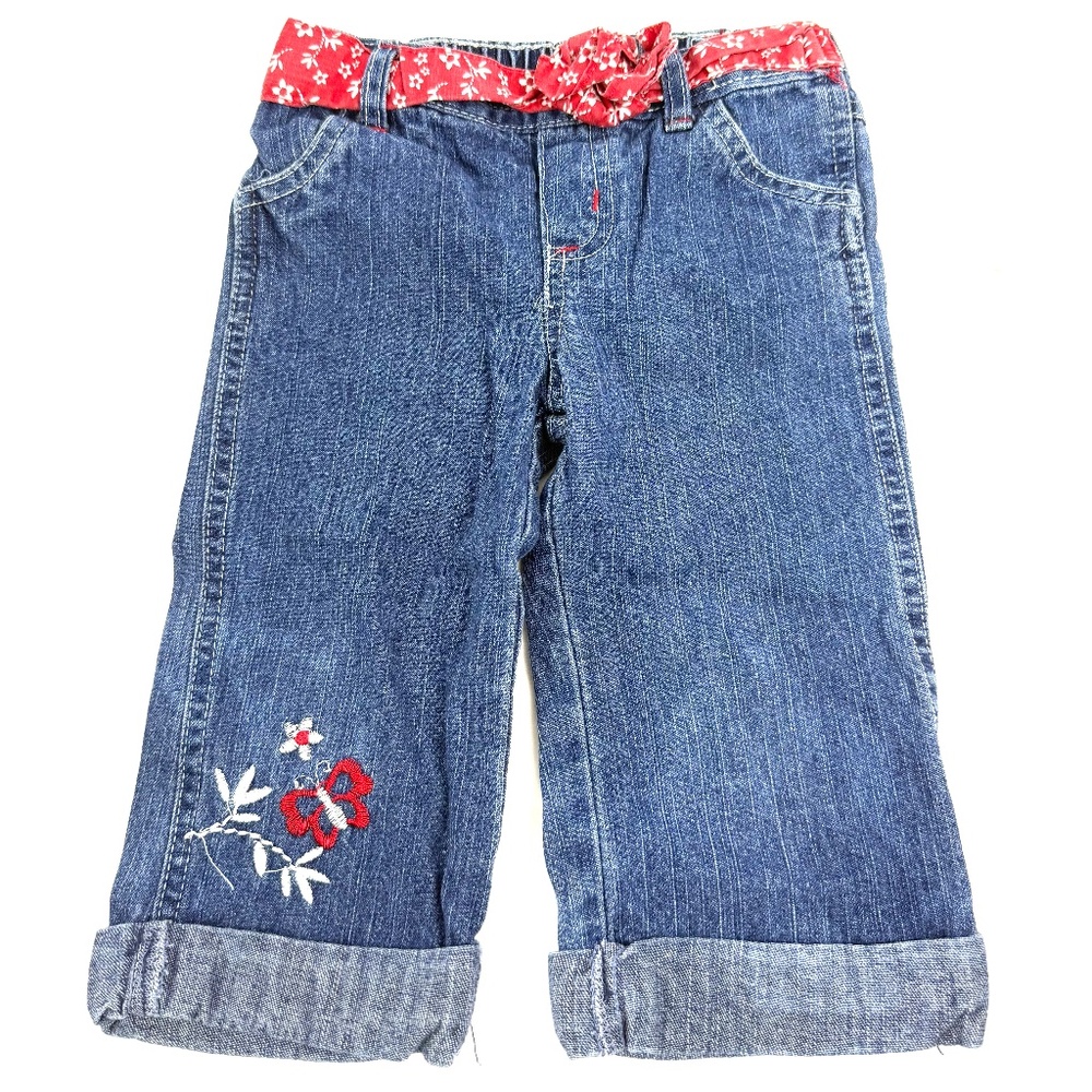 Girls 3T Cuffed Denim Jeans with Red Floral Belt & Embroidered Flower